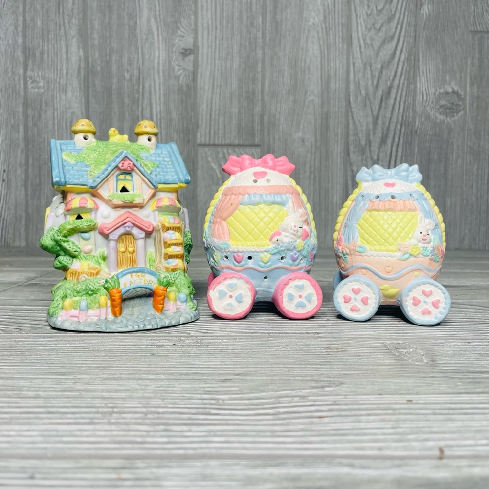 Ceramic bunny rabbit train village Easter lighted village with cord Easter lamp